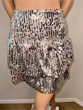 Princess Polly Sequin Tiered Mini Skirt Champagne Nude US 10 Party Festival
